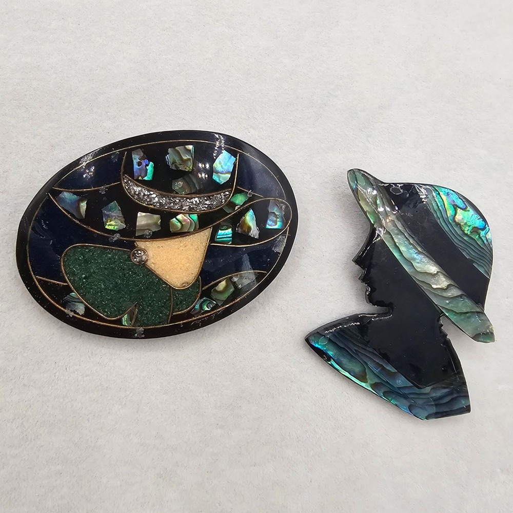 Vintage Abalone Shell Inlay Brooch Pin Set Lady in Hat Silhouette Mosaic Art